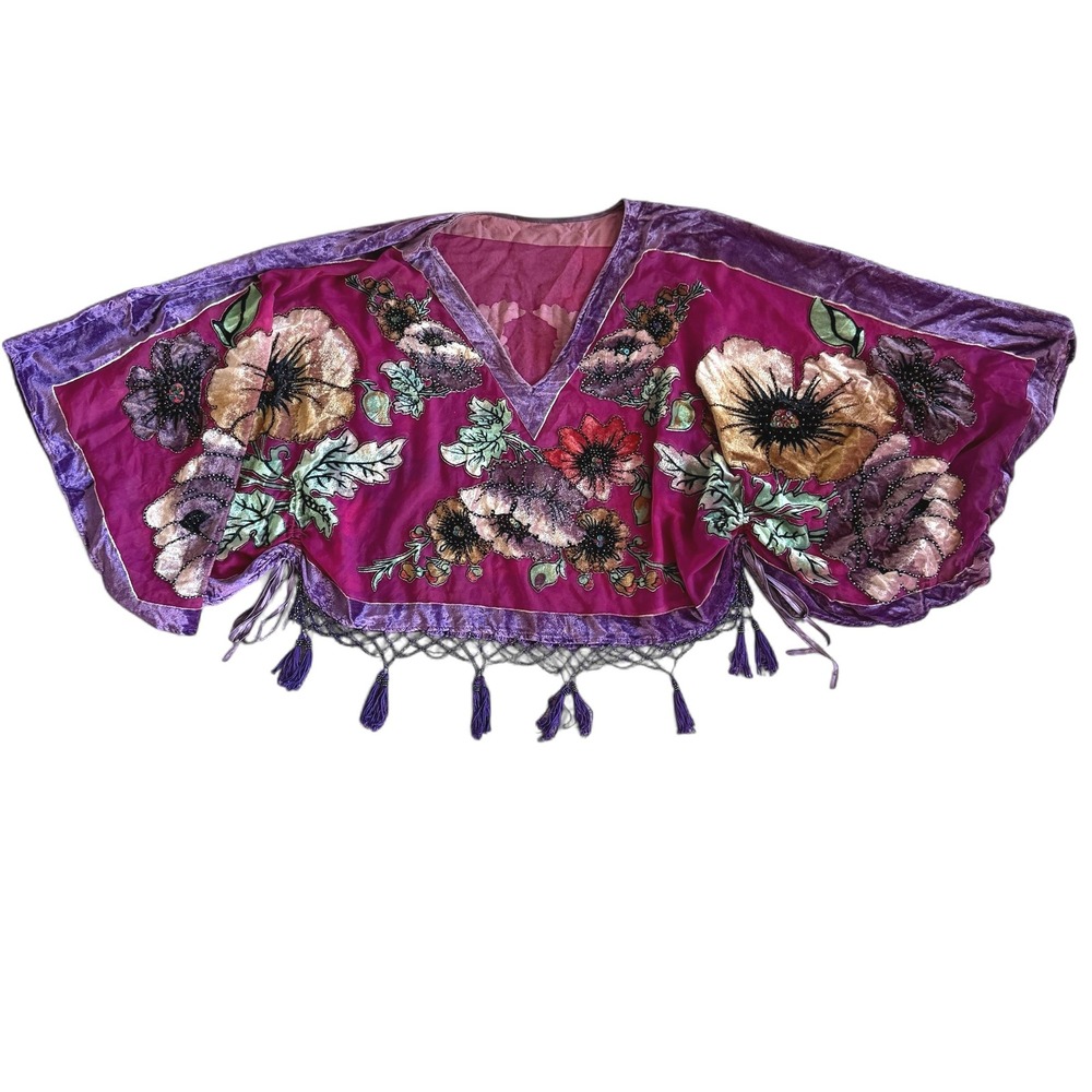 VTG Velvet Burnout Floral Bead Tassel Fringe Kimono Wrap Top Fairy Dark Feminine